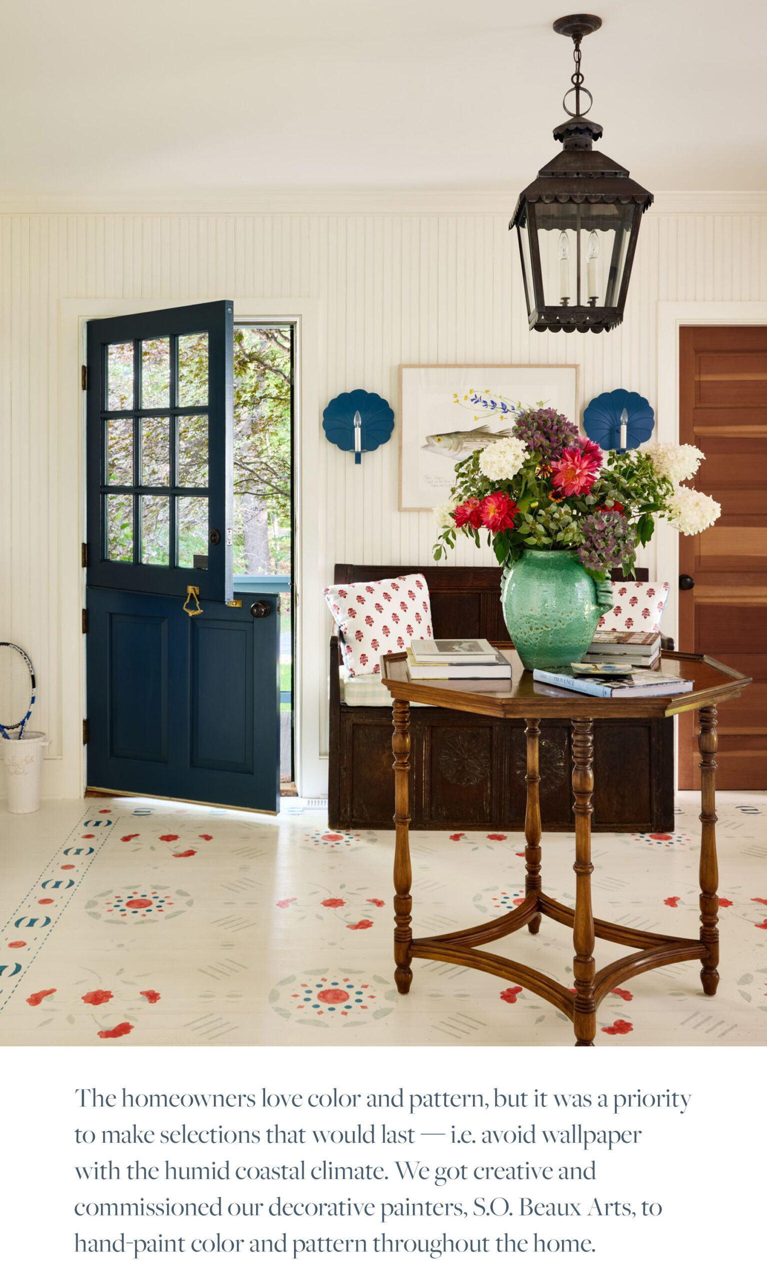 The homeowners love color and pattern, but it was a priority to make selections that would last — i.e. avoid wallpaper with the humid coastal climate. We got creative and commissioned our decorative painters, S.O. Beaux Arts, to hand-paint color and pattern throughout the home.